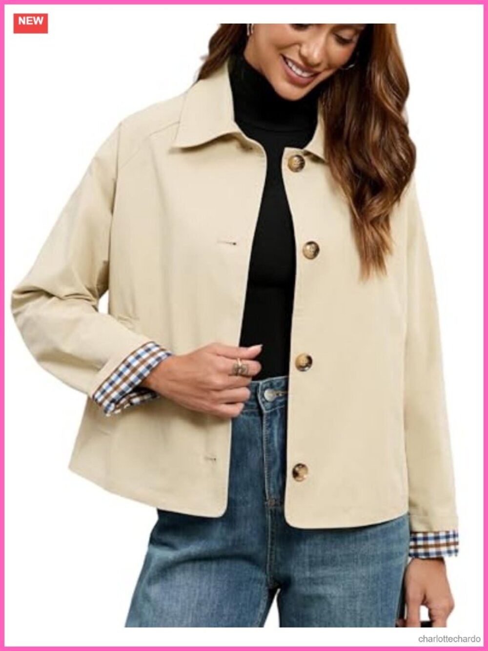 Womens Cropped Trench Coat Single Breasted Lapel Plaid Lined Cotton Oversized